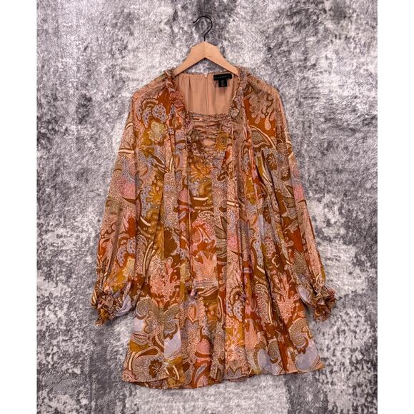 House of Harlow 1960 Dress Small Womens Orange Bohemian Paisley Floral Boho Mini - Picture 1 of 8